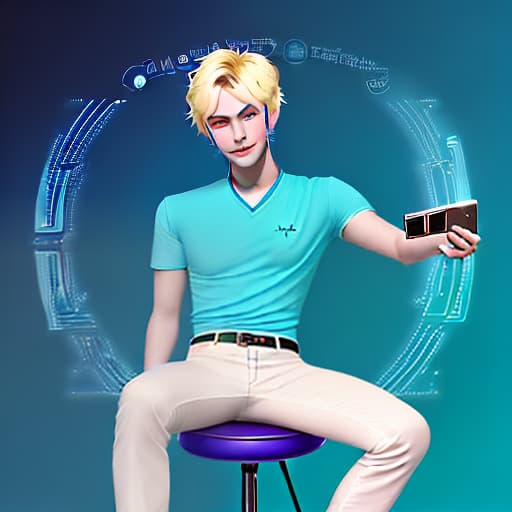  generate an avatar chatbot named mark on a turquoise background the brand should look like a real technical support specialist. skin should be dark in color give him a badge. he should be wearing a white shirt and red pants. he should be blonde