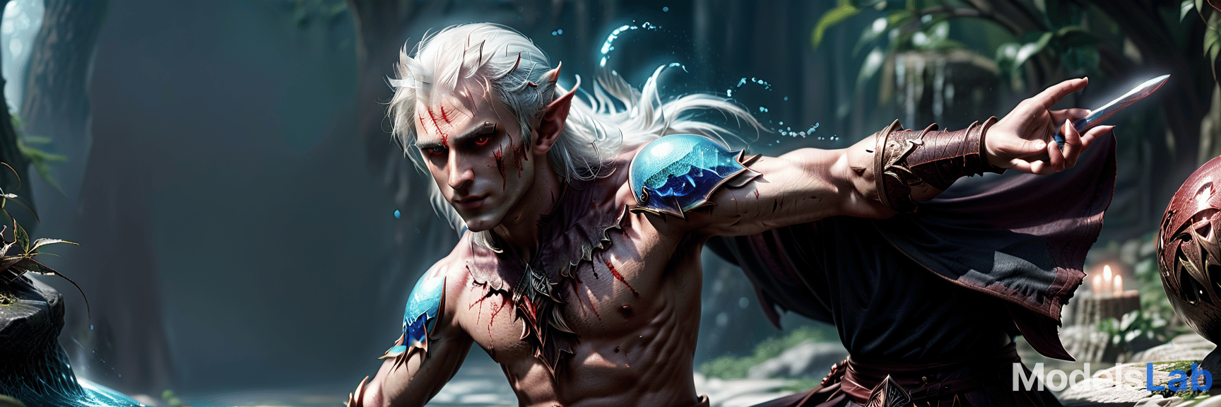   .1 () (half elf, half demon) (very high detail), not tall, medium +++++++++, body (s) fully visible++++(very high detail), +++, in the right hand bloodied sword, left hand creates a water ball spell (with magic effects), sits on the floor, white hair, middle + + + +, blue eyes (light eyes), slim body, legs wide apart, the 's perspective is remote in full height, the left hand creates a spell of a water ball (with magic effects), sits on the back of the : white hair), perfect hands, civitai