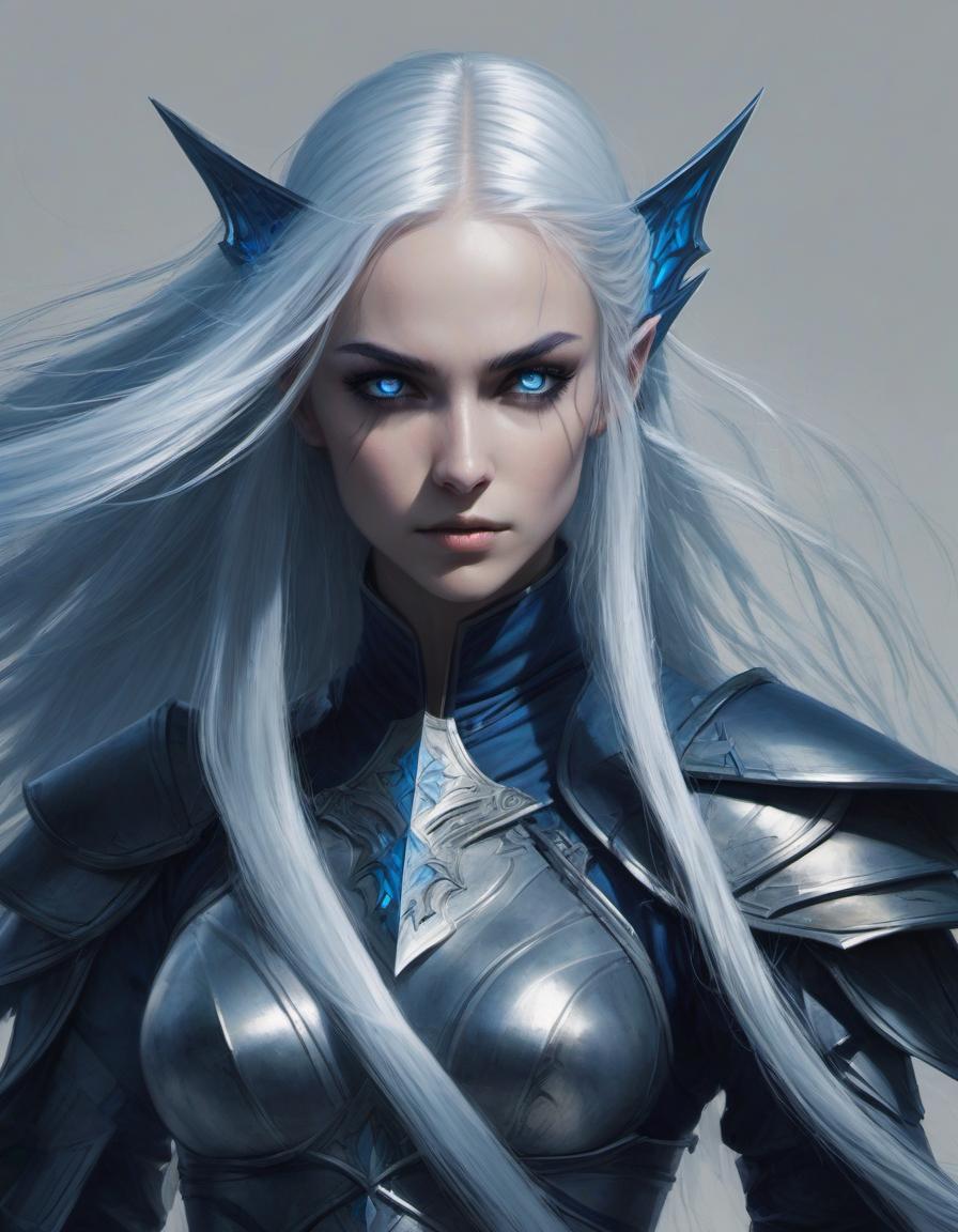  concept art (semi figure portrait: 0.2), a dark elf girl with <small neat elf ears: 7.9>, long platinum colored hair, preference for edged weapons <curved daggers in each hand>, eye color slate blue with a glow effect, predatory gaze, fighting stance, in an attack pose . digital artwork, illustrative, painterly, matte painting, highly detailed