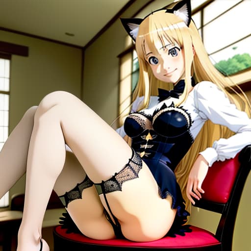  blonde with cat ears. in lace underwear and stockings. it's full height. big anime eyes. nice smile on my face., manga big eyes expressive faces colorful hair hayao miyazaki masashi kishimoto makoto shinkai clamp yoshiyuki sadamoto