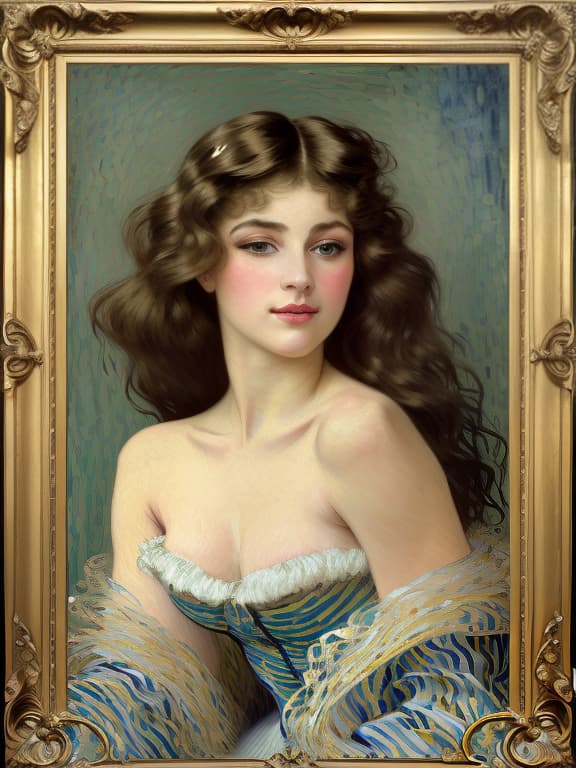  a revealing oil painting that captures the essence of an elegant parisian socialite in magnificent proportions. saturated with masterful works by john singer sargent, alphonse mucha, klimt and vincent van gogh, this portrait exudes a funny brilliance. the alluring beauty of the heroine is evident in her delicate features, unmistakably conveyed by the funnyman. artfully applied brush strokes reveal intricate details, from the flowing curls of her glossy hair to the mesmerizing depths of her enchanting eyes. each stroke of bright color reflects life in her radiant complexion, emphasizing the delicate contours. this captivating masterpiece elevates the audience, being a testament to the timeless charm and grace of parisian elite., faded , vint