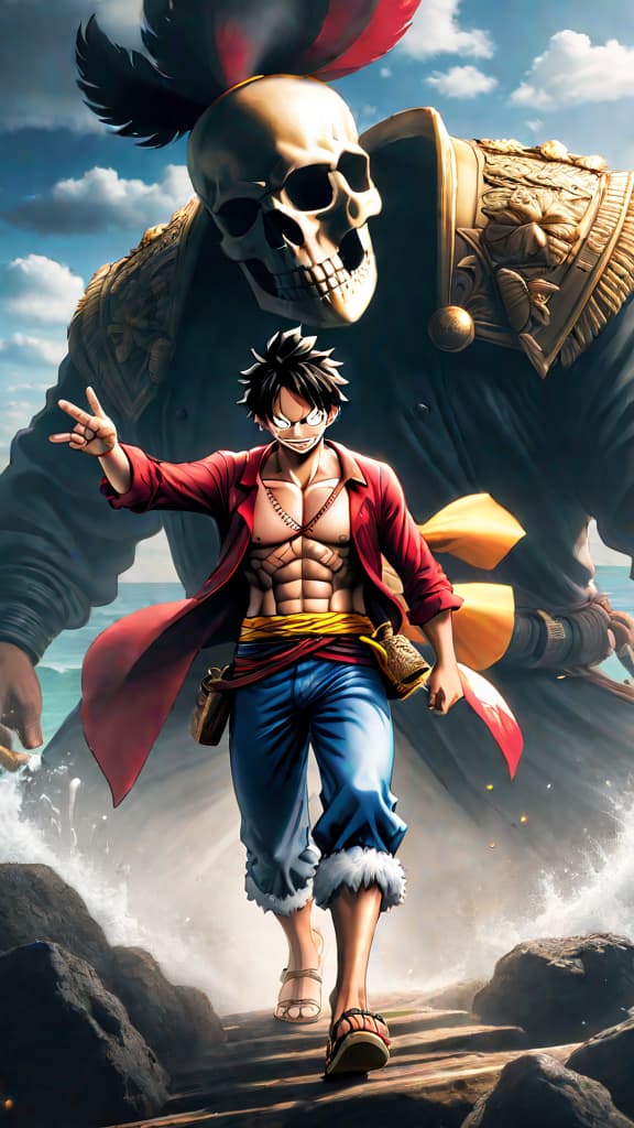  anime art: luffy's advanced haki clashes with blackbeard's dark powers in an epic showdown. hyperrealistic, full body, detailed clothing, highly detailed, cinematic lighting, stunningly beautiful, intricate, sharp focus, f/1. 8, 85mm, (centered image composition), (professionally color graded), ((bright soft diffused light)), volumetric fog, trending on instagram, trending on tumblr, HDR 4K, 8K