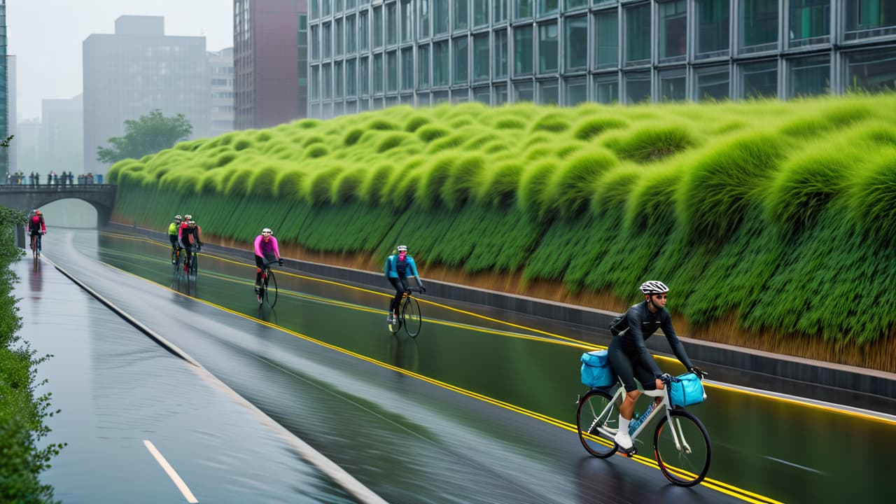  a vibrant urban scene showcasing cyclists navigating through a city with rainwater management systems, green roofs, and permeable pavements, surrounded by lush vegetation, reflecting the interplay between the urban water cycle and cycling infrastructure. hyperrealistic, full body, detailed clothing, highly detailed, cinematic lighting, stunningly beautiful, intricate, sharp focus, f/1. 8, 85mm, (centered image composition), (professionally color graded), ((bright soft diffused light)), volumetric fog, trending on instagram, trending on tumblr, HDR 4K, 8K