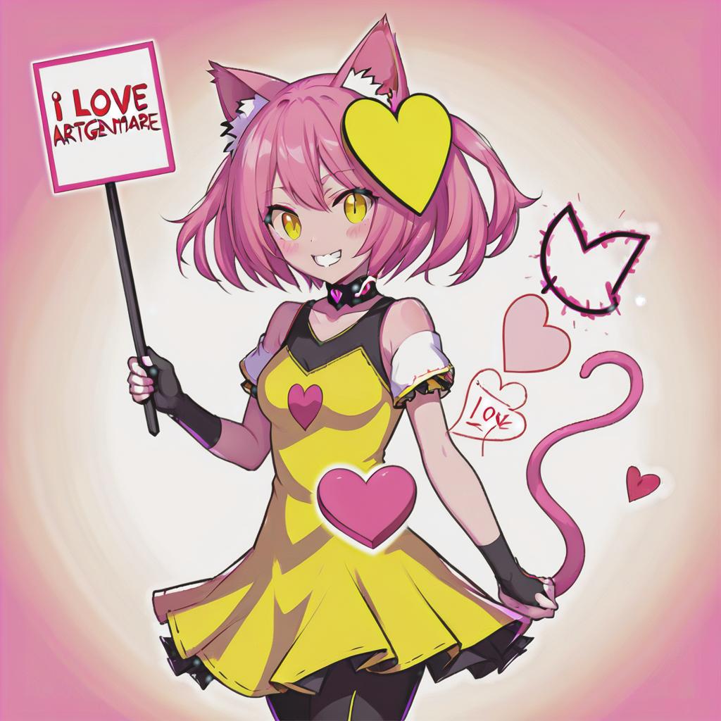  line art drawing zankuro, medium s, smile, deathlock san, , short hair, pink hair, cat ears, ponytail, yellow dress, upper body, hearts, holding sign that says "i love artgeneration" same nightmare. anime style . professional, sleek, modern, minimalist, graphic, line art, vector graphics