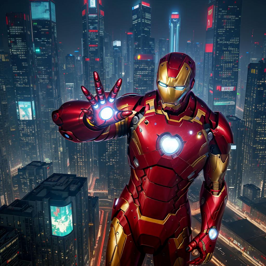  masterpiece, best quality, masterpiece, 8k resolution, realistic, highly detailed, Iron Man close-up. He stands on a street lined with tall buildings in a cyberpunk style city at night. The city's night lights are bright, and the surrounding buildings and streets are full of cyberpunk elements such as neon lights, high-tech equipment and futuristic architectural design.