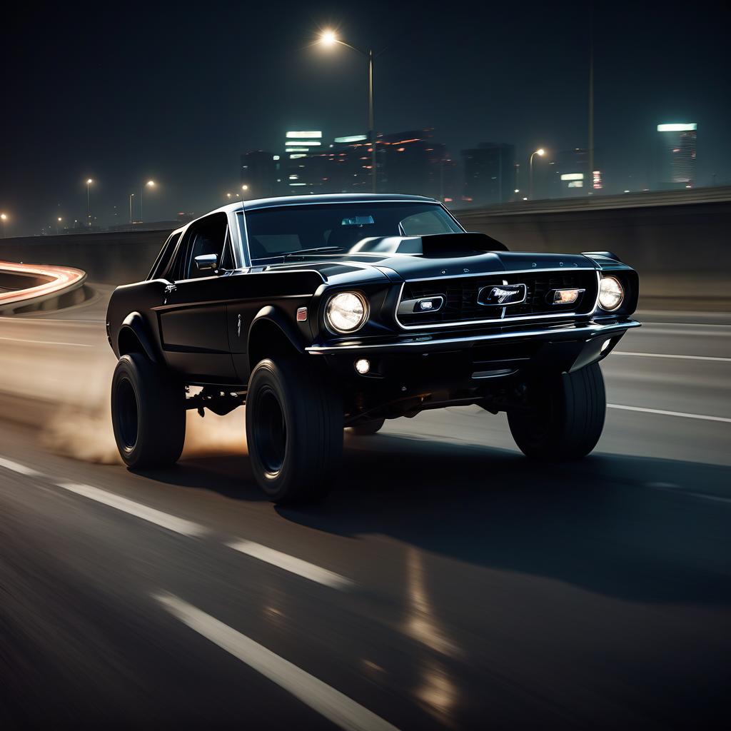  black, brutal, ford mustang bronco rushes along the night highway