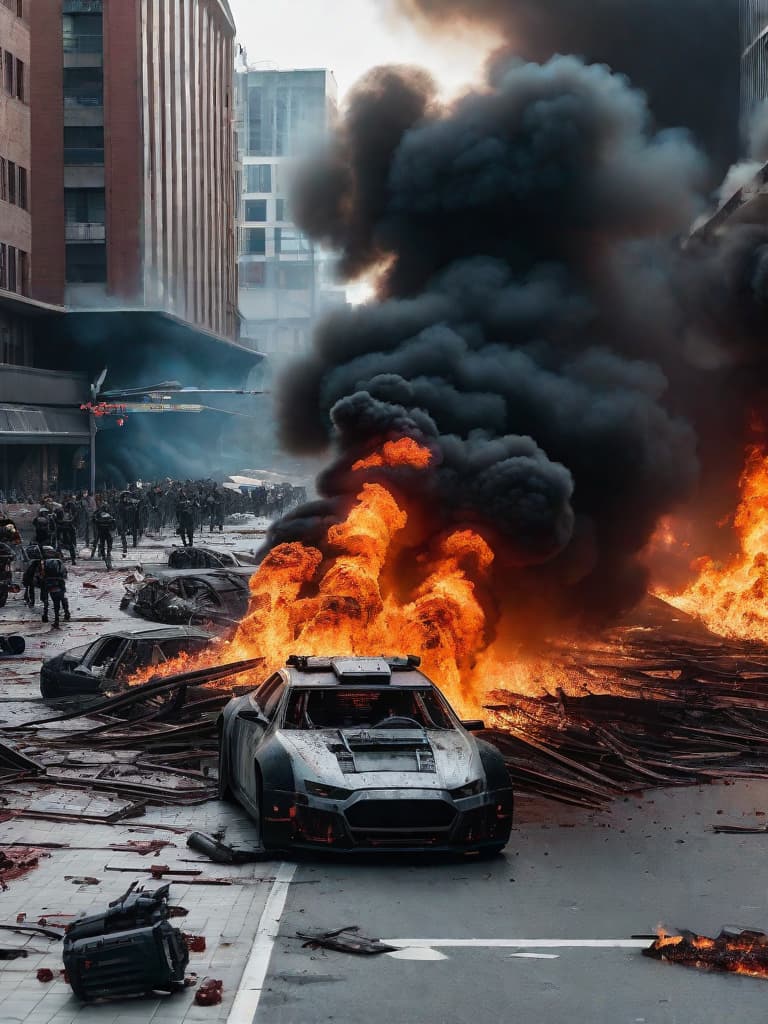  A photo of AI Robots attacking a city, burning buildings and a deluge of blood and bodies in the streets.