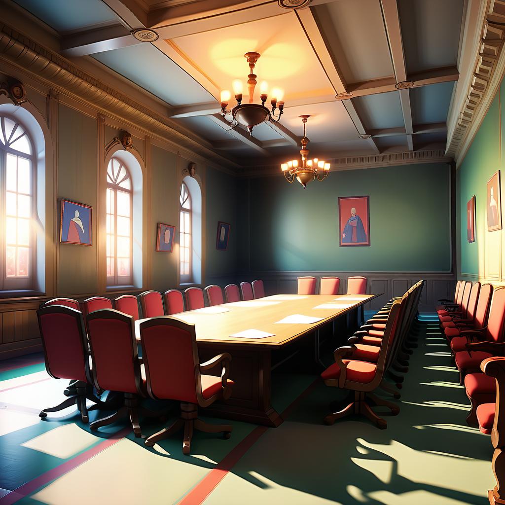  renaissance style a meeting room with empty seats, ренессанс, flags on walls, парламент (cel shading, vintage anime:1.25) . realistic, perspective, light and shadow, religious or mythological themes, highly detailed