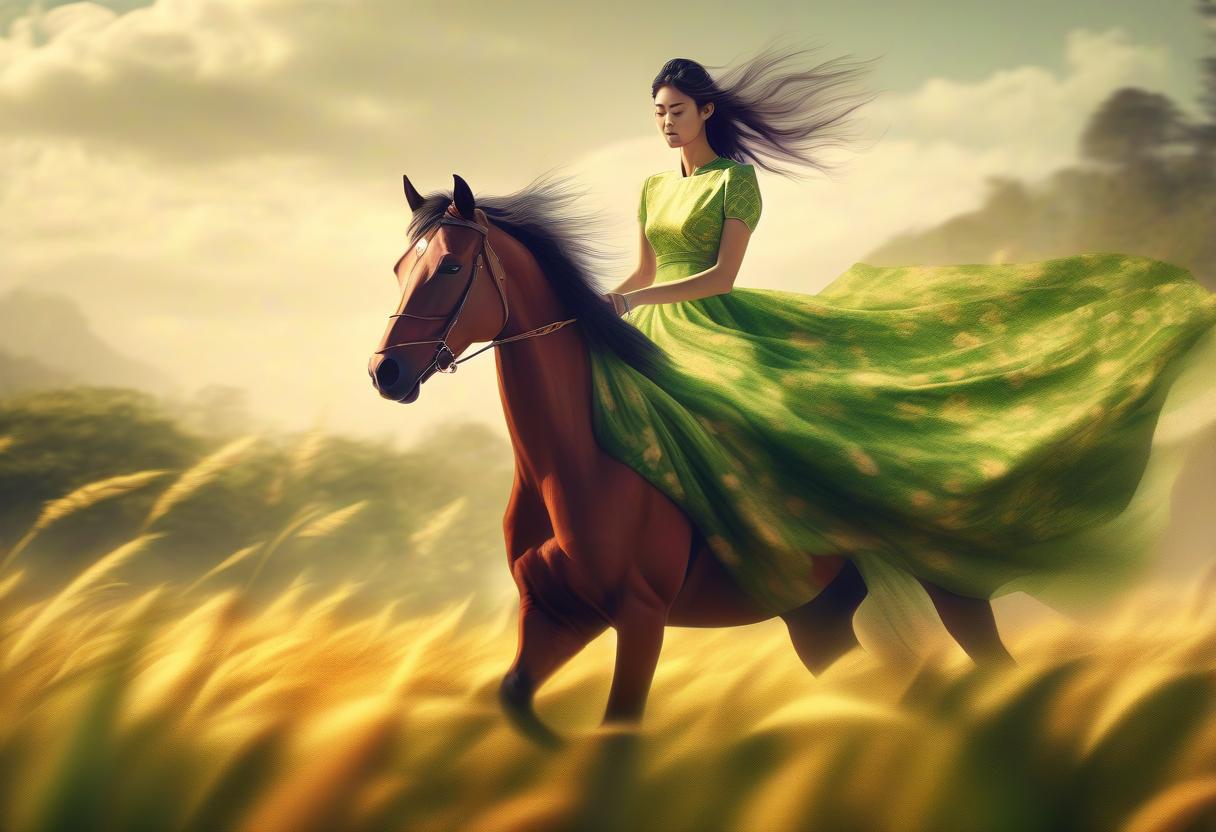  concept art girl rides horse in lush dress across field, asian woman . digital artwork, illustrative, painterly, matte painting, highly detailed