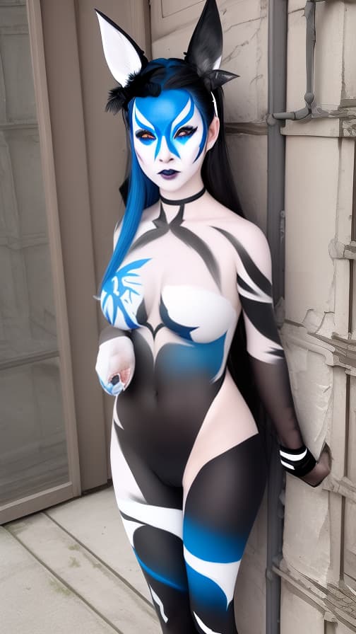  Black and blue bat-shaped body paint in every corner of the whole body, White body paint all over the body, grey face paint on the face, Dark elf,full body image female