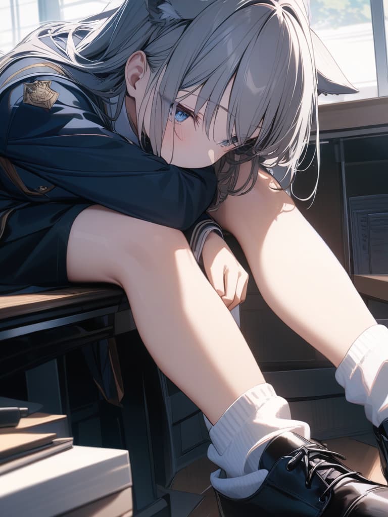  girls, loose socks, students, white socks, wolf ears, white eyes, blue eyes, long hair, uniforms, shoes black, masterpiece, best quality,8k,ultra detailed,high resolution,an extremely delicate and beautiful,hyper detail