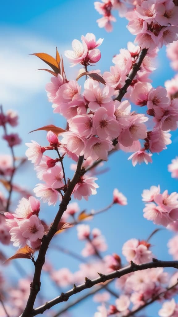  a close up shot of a blooming cherry blossom tree, with delicate pink petals set against a clear blue sky.