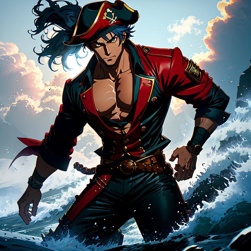  a pirate themed character with a dynamic pose, inspired by eiichiro oda's signature art style, featuring bold lines, vibrant colors, and exaggerated facial expressions. hyperrealistic, full body, detailed clothing, highly detailed, cinematic lighting, stunningly beautiful, intricate, sharp focus, f/1. 8, 85mm, (centered image composition), (professionally color graded), ((bright soft diffused light)), volumetric fog, trending on instagram, trending on tumblr, HDR 4K, 8K