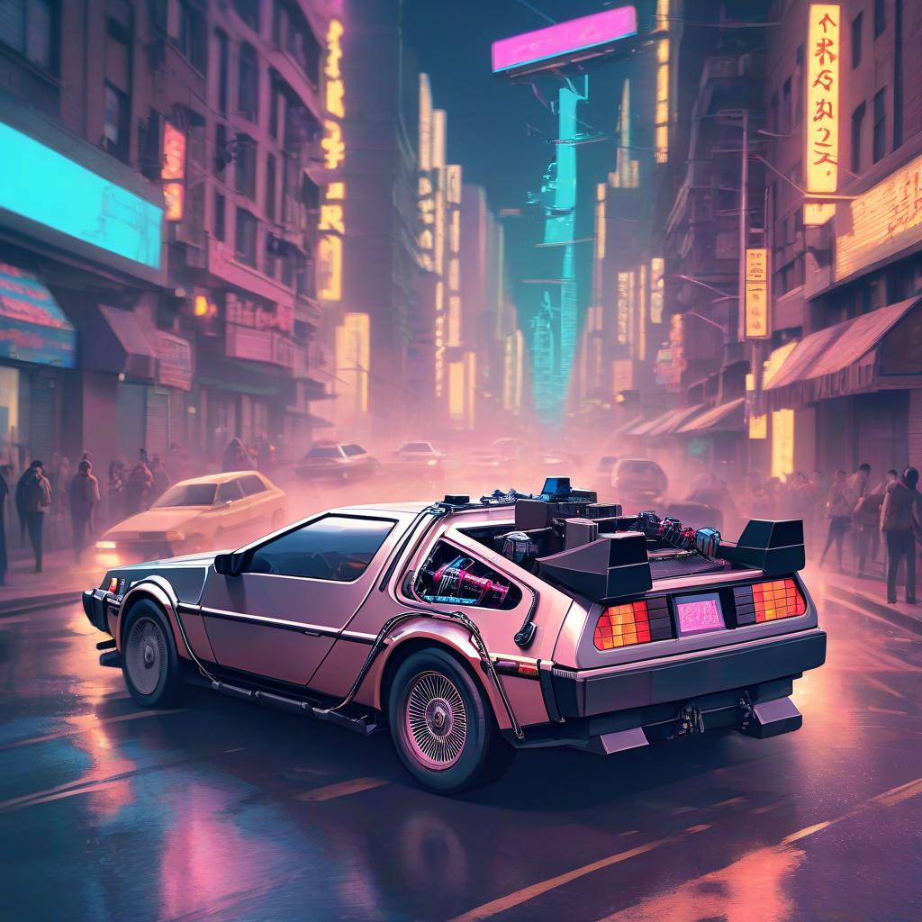  anime artwork a back to the future delorer car driving down a city street, by mike "beeple" winkelmann, ross tran 8 k, 1980s photography, style of alena aenami, cyberpunk, anime, synthwave . anime style, key visual, vibrant, studio anime, highly detailed