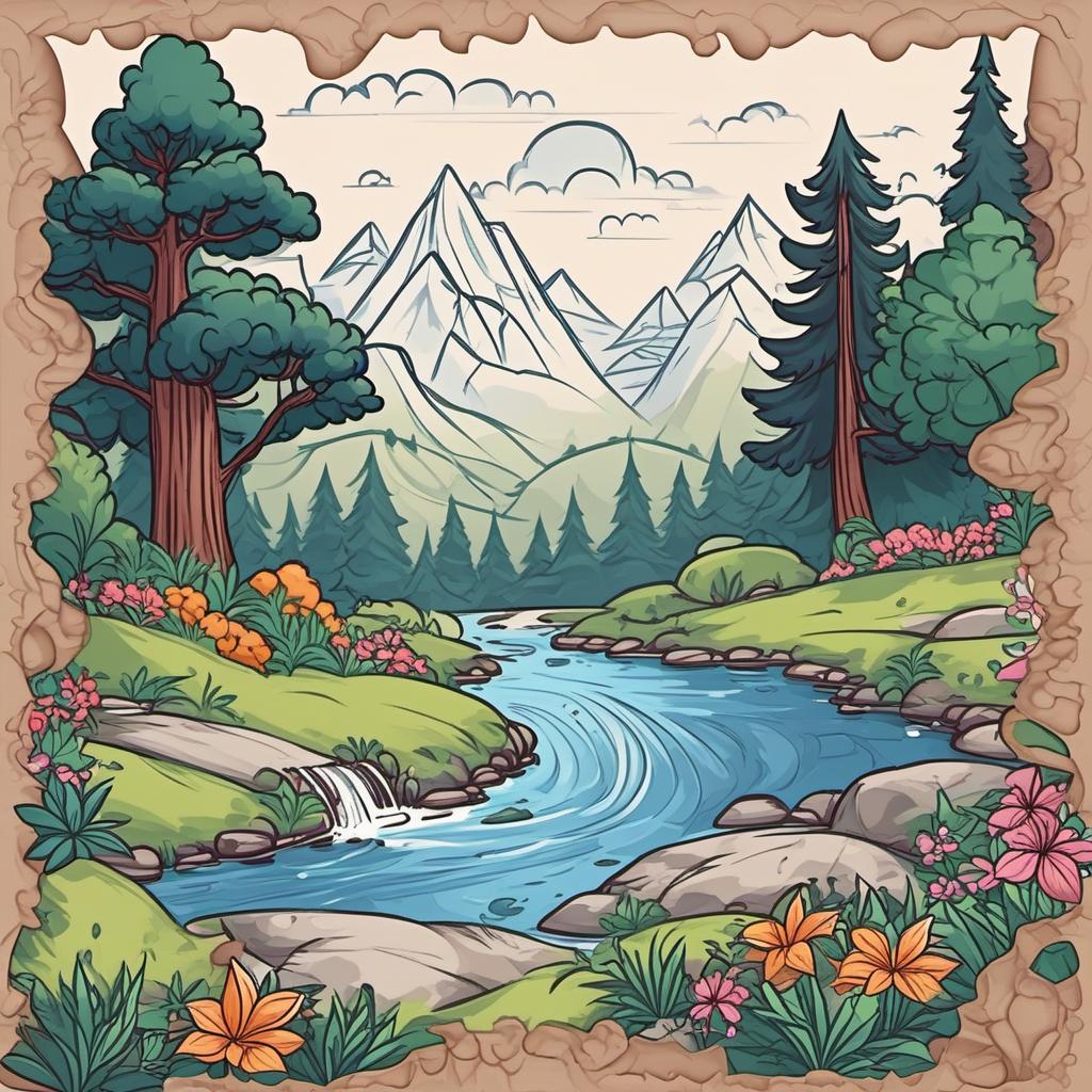  a simple sketch or doodle. draw a path through a peaceful landscape, representing your journey. outline puzzle pieces within the scene.fill key pieces, painting style