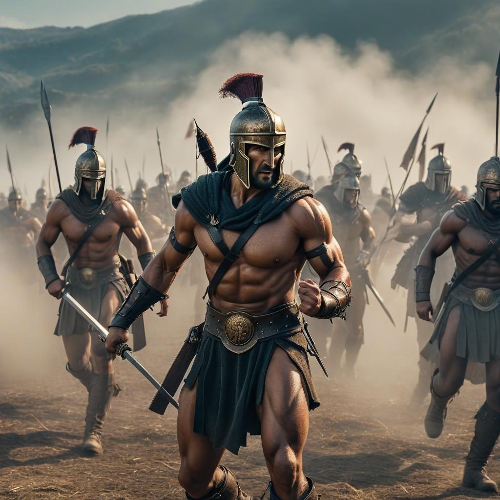  spartan battle hyperrealistic, full body, detailed clothing, highly detailed, cinematic lighting, stunningly beautiful, intricate, sharp focus, f/1. 8, 85mm, (centered image composition), (professionally color graded), ((bright soft diffused light)), volumetric fog, trending on instagram, trending on tumblr, HDR 4K, 8K