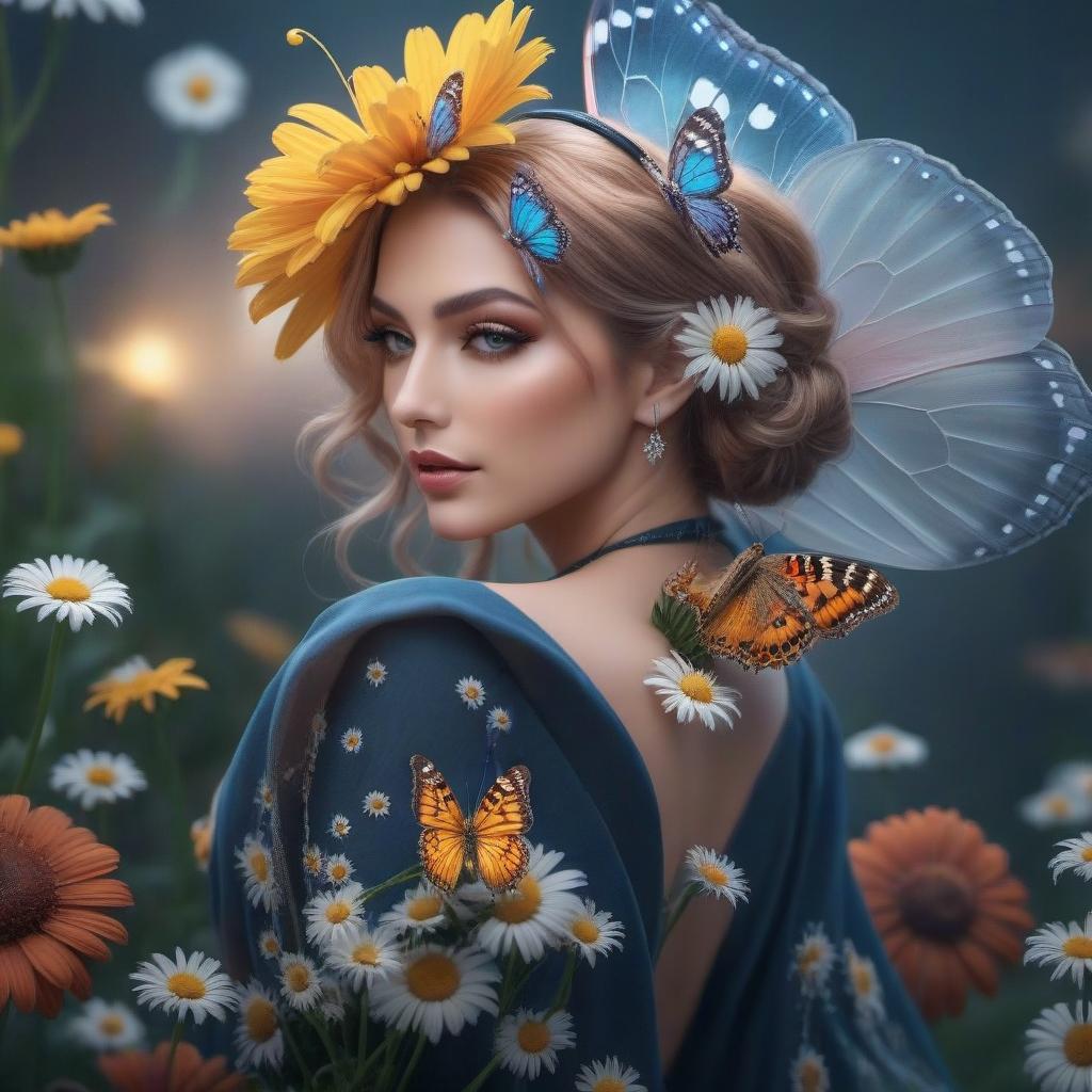  Vanessa butterfly on a daisy hyperrealistic, full body, detailed clothing, highly detailed, cinematic lighting, stunningly beautiful, intricate, sharp focus, f/1. 8, 85mm, (centered image composition), (professionally color graded), ((bright soft diffused light)), volumetric fog, trending on instagram, trending on tumblr, HDR 4K, 8K