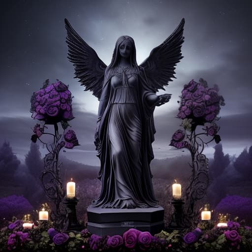  night sky, gothic style, gothic statue in the middle, statue with wings, rose bushes, purple roses, thorns, black butterflies around