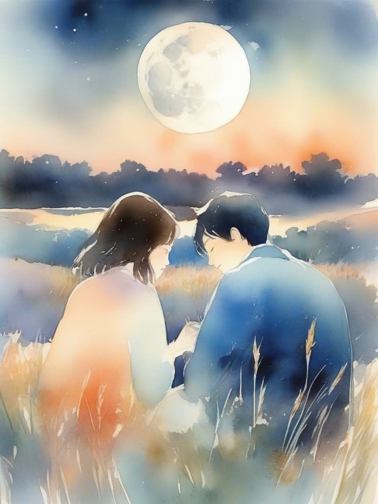  watercolor style(man and woman back view)(man and woman sitting and cuddling:)(field of silver grass:)(beautiful full moon night:)moon viewing、high quality,masterpiece,16k,super analysis