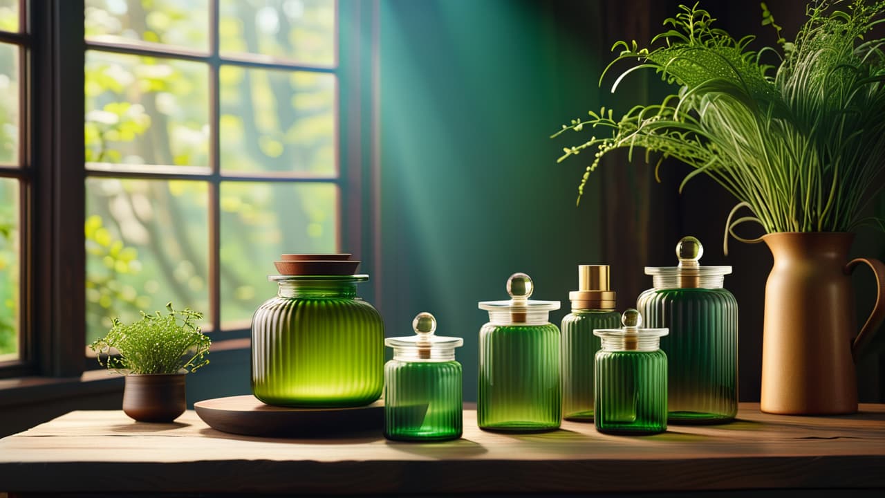  a serene workspace featuring natural skincare ingredients, elegant glass containers, and a rustic wooden table, surrounded by lush greenery, soft lighting, and scattered notes, evoking a sense of creativity and organic beauty. hyperrealistic, full body, detailed clothing, highly detailed, cinematic lighting, stunningly beautiful, intricate, sharp focus, f/1. 8, 85mm, (centered image composition), (professionally color graded), ((bright soft diffused light)), volumetric fog, trending on instagram, trending on tumblr, HDR 4K, 8K