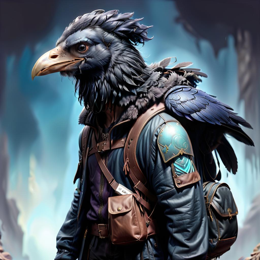  ethereal fantasy concept art of black with blue tint humanoid with raven head alchemist, rags and leather cloak with lots of pockets, ((big backpack with pockets)), bomb in hand . magnificent, celestial, ethereal, painterly, epic, majestic, magical, fantasy art, cover art, dreamy, civitai