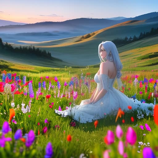  A solitary robot sitting in a field of wildflowers at sunset. Apply the Following Styles Comic hyperrealistic, full body, detailed clothing, highly detailed, cinematic lighting, stunningly beautiful, intricate, sharp focus, f/1. 8, 85mm, (centered image composition), (professionally color graded), ((bright soft diffused light)), volumetric fog, trending on instagram, trending on tumblr, HDR 4K, 8K