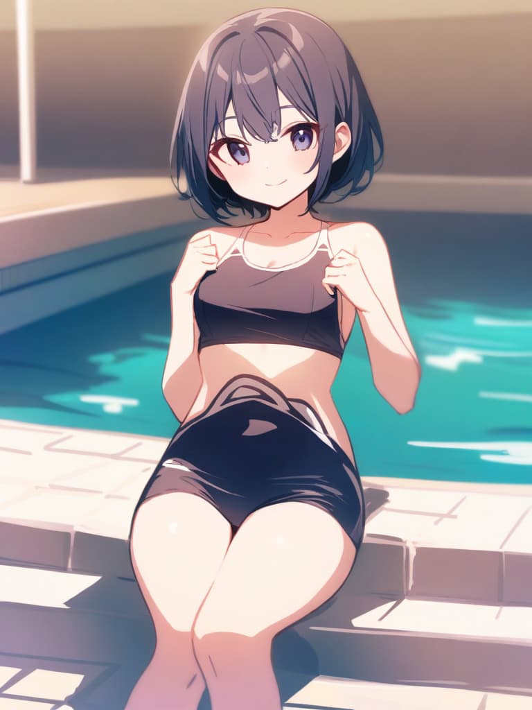  s, s, transveses, short stages, old swimwear (dark blue old ), clear (), (in swimwear), cute smile face, short hair, pool, pool,