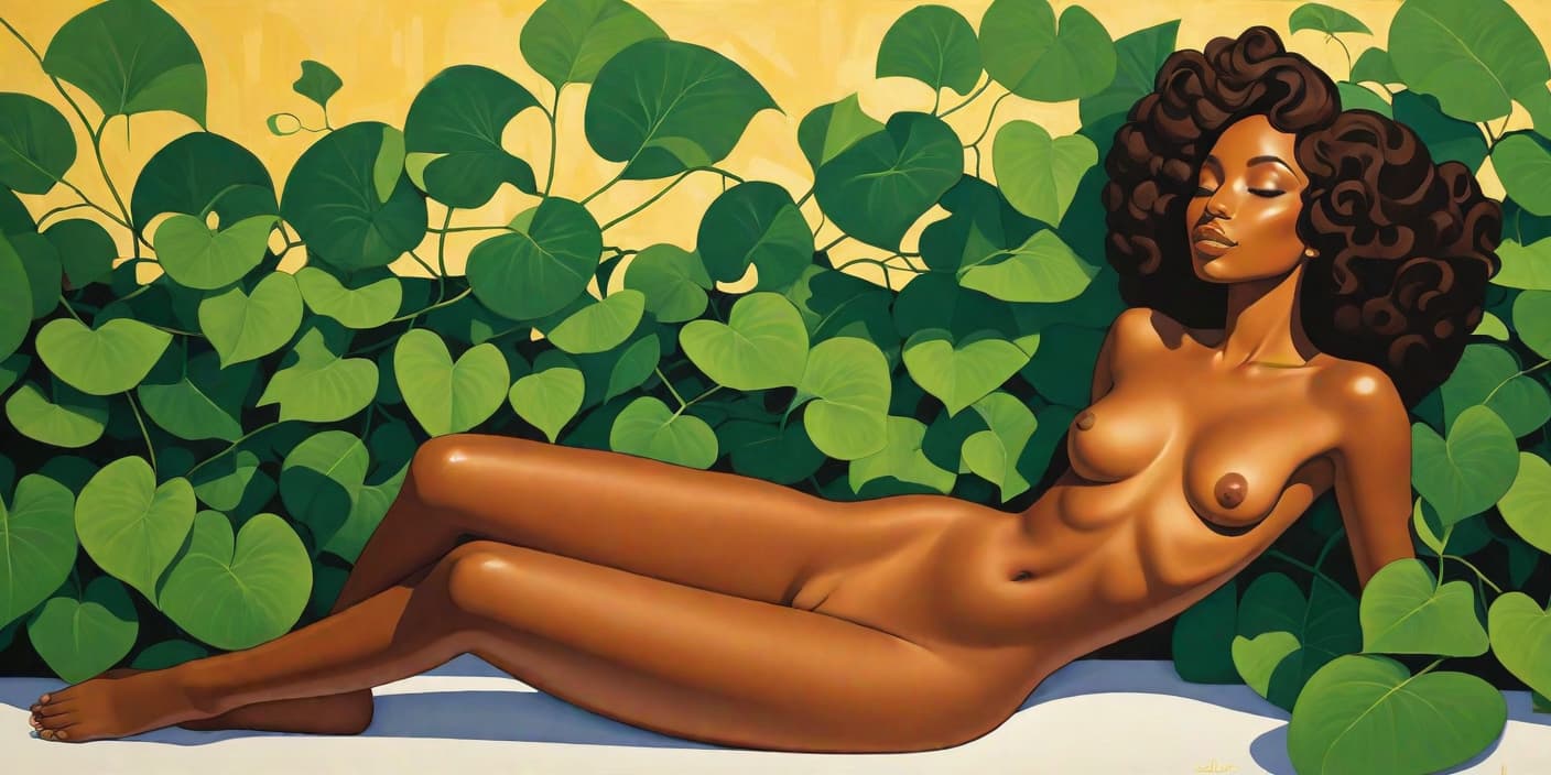  minimalism, painting of a beautiful black woman. she lays, surrounded by green vines. naked. she has brown legs. she has brown feet. she is in a divine pose., abstract, simple geometic shapes, hard edges, sleek contours, minimalism