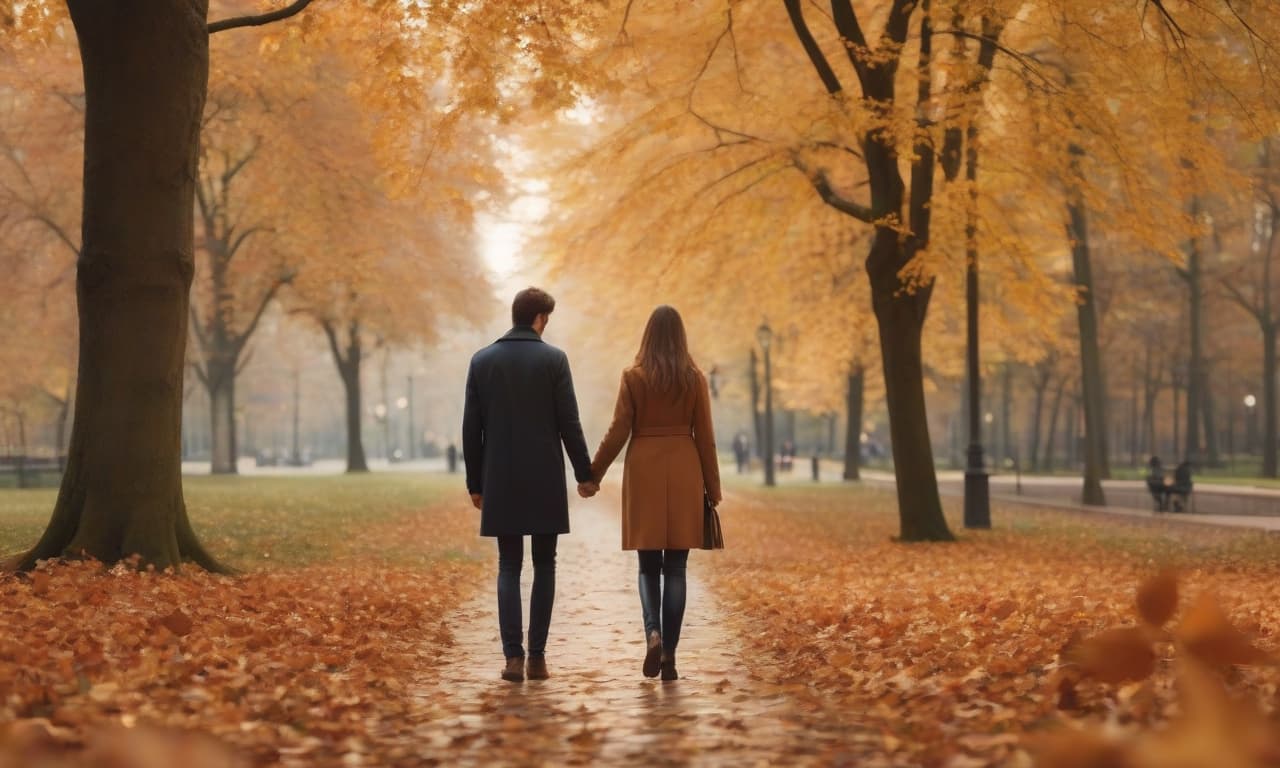  back view of a couple walking in the park　holding hands　they are staring at each other　fallen leaves are fluttering　autumn scenery　autumn leaves