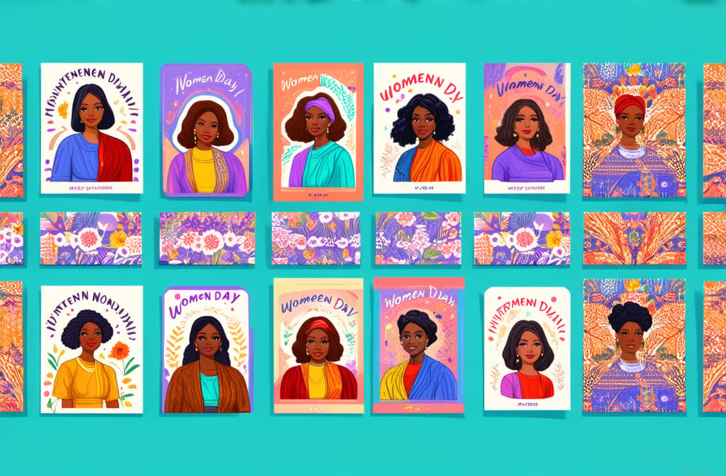  happy international women's day. march 8th. different races and nationalities. colored hand drawn vector illustrations. set of cards and seamless pattern ar 3:2 {prompt}, maximum details