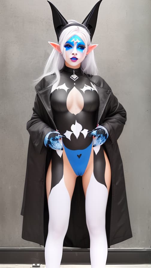  Black and blue bat-shaped body paint in every corner of the whole body, White body paint all over the body, grey face paint on the face, elf,full body image female