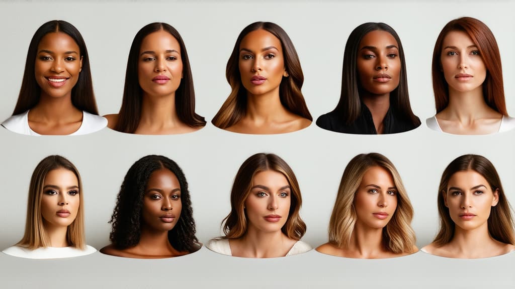  different beauty. set of different female heads on light background. different races and nationalities. ar 16:9, (natural skin texture), highly detailed face, depth of field, hyperrealism, soft light, muted colors