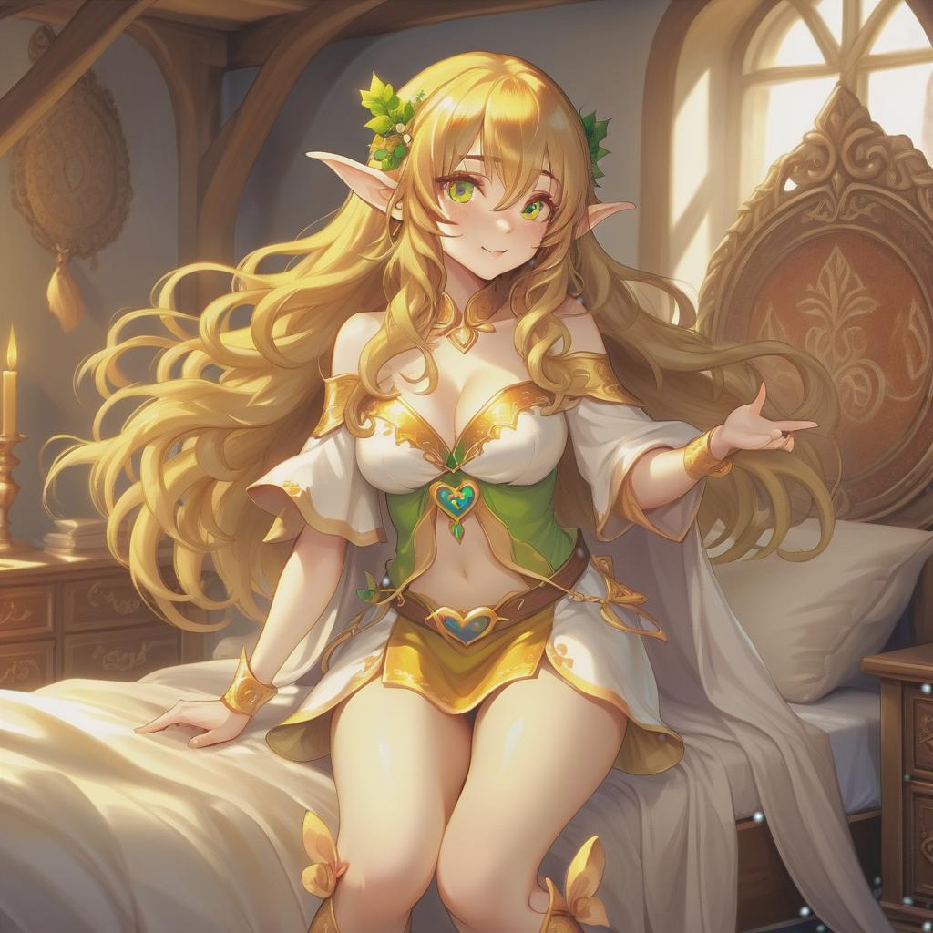  hdr photo of the girl elf is a very bright personality, funny, long curly hair of golden color, beautiful body type, large chest, not fat, fantasy world ancient robes, bedroom, very strong love . high dynamic range, vivid, rich details, clear shadows and highlights, realistic, intense, enhanced contrast, highly detailed