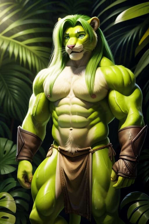  Cat Fursona, Male, Huge Muscles, Abs, Lime green fur, Lime Green messy long hair, Bright green eyes, Loin cloth, Wrist gauntlets, sweaty, dirty, Jungle., open eyes, masterpiece, 4k, fine details,