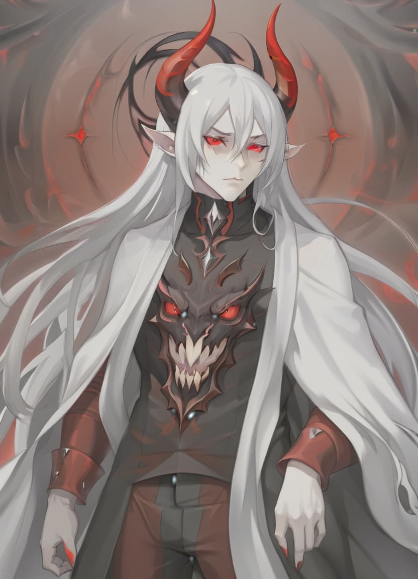  man demon, white skin, red eyes, black hair, white horns, black clothes