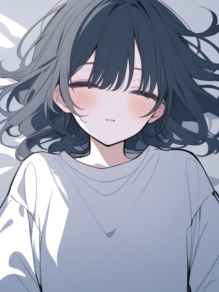  a monochrome anime style ilration depicting a young lying on her back. she has medium length dark hair with a hair clip on the right side,and her bangs partially cover her eyes. the is wearing a on up shirt with long sleeves,which appears slightly oversized. her expression is calm,with a slight blush on her cheeks,and she gazes softly towards the viewer. the scene gives off a relaxed and atmosphere,as the rests with her head slightly tilted to the side. the overall tone of the image is soft and muted,with detailed shading that enhances the contours of her face and clothing. the background is simple and mostly white,emphasizing the character’s features.驚いている