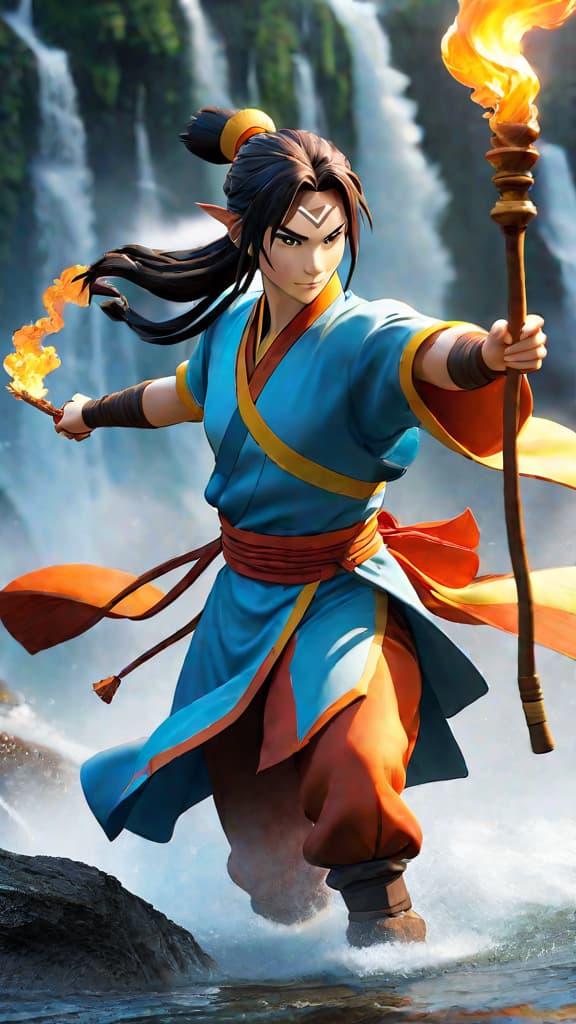  an anime art of the avatar from 'avatar: the last airbender' bending water, earth, fire, and air. hyperrealistic, full body, detailed clothing, highly detailed, cinematic lighting, stunningly beautiful, intricate, sharp focus, f/1. 8, 85mm, (centered image composition), (professionally color graded), ((bright soft diffused light)), volumetric fog, trending on instagram, trending on tumblr, HDR 4K, 8K