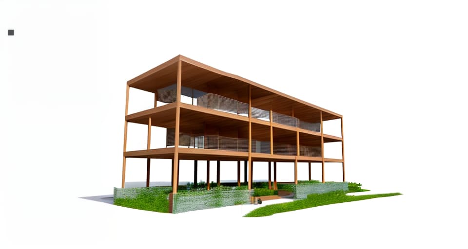 mdjrny-v4 style architecture, high quality, exterior perspective, 3 story wooden structure, large eaves on the ground floor as an entrance to welcome visitors, balcony with rich and green vegetation