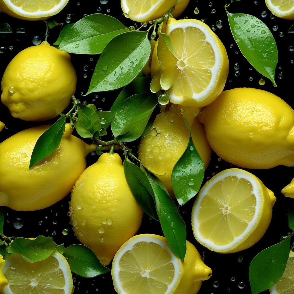  hyperrealistic art juicy yellow lemons on a branch, lemon slices with dew drops and green leaves, many, on a black background, hyperrealistic, professional photo, realistic, 64k, high resolution, bright and juicy, bright lighting, aesthetic, beautiful . extremely high resolution details, photographic, realism pushed to extreme, fine texture, incredibly lifelike