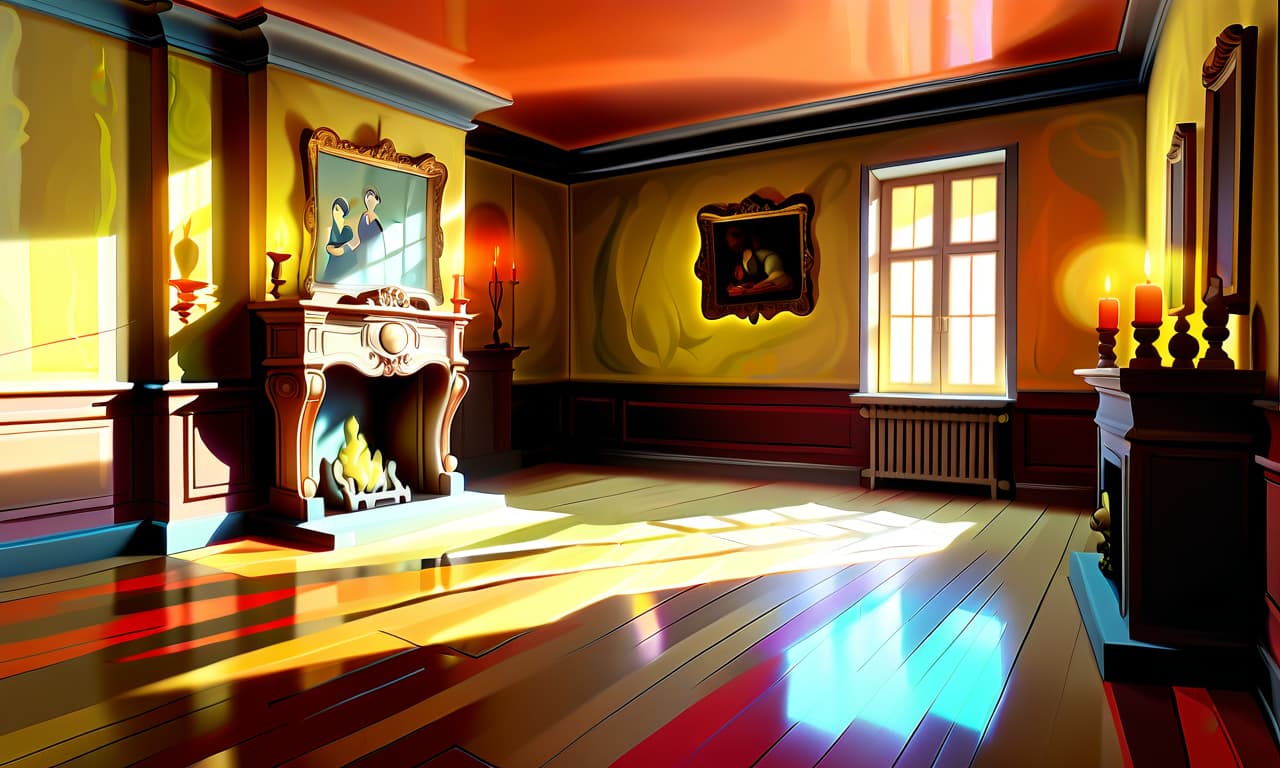  kawaii style furnished room of the family castle, the floor is parquet, on the walls of the room paintings in expensive frames, paintings in oil paint, walls of stone, the ceiling is painted with painting, in the background one fireplace, few candles in candelabra illuminate the room, the room is illuminated only by candles and fireplace, in the room is twilight, in the room there are no windows, shadows, reflections in the parquet . cute, adorable, brightly colored, cheerful, anime influence, highly detailed, on parchment, oil painting, glowneon