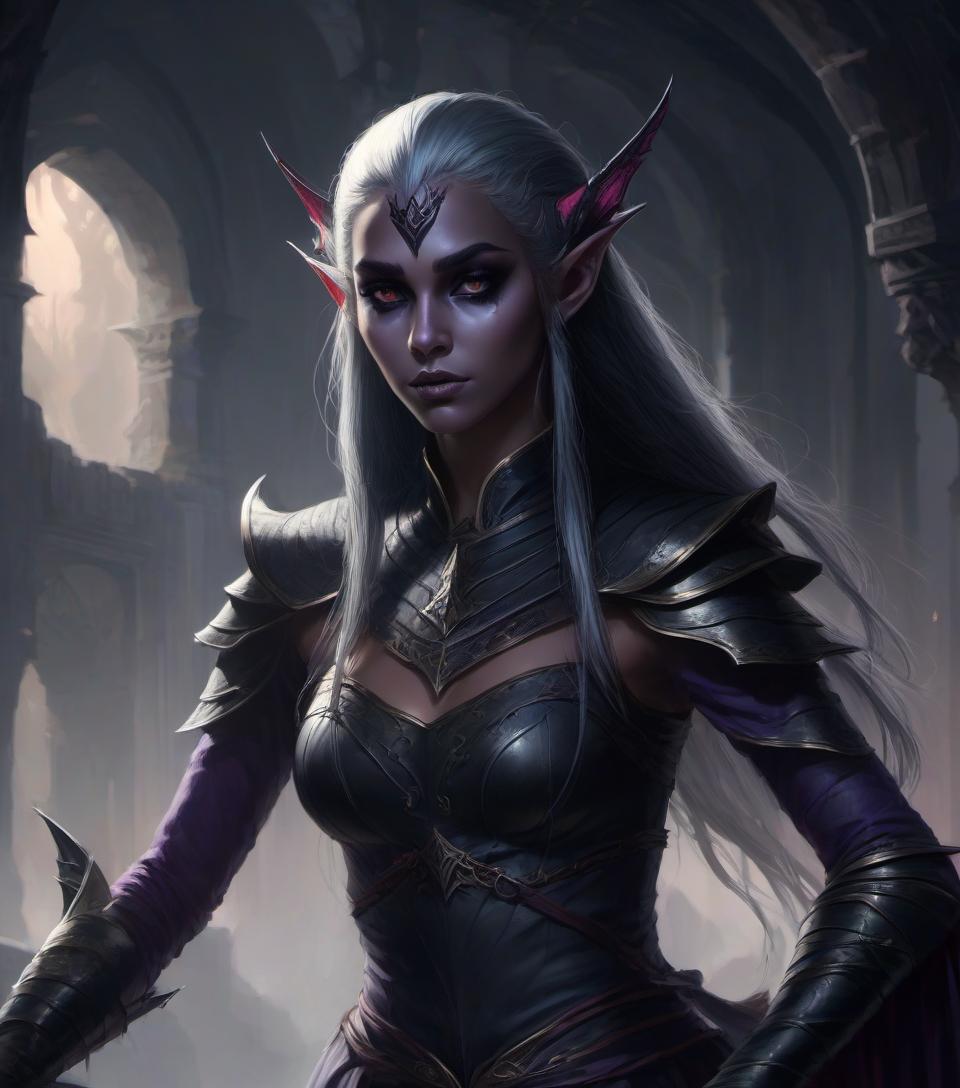  concept art dark elf girl with (small neat elf ears: 1.9) . digital artwork, illustrative, painterly, matte painting, highly detailed