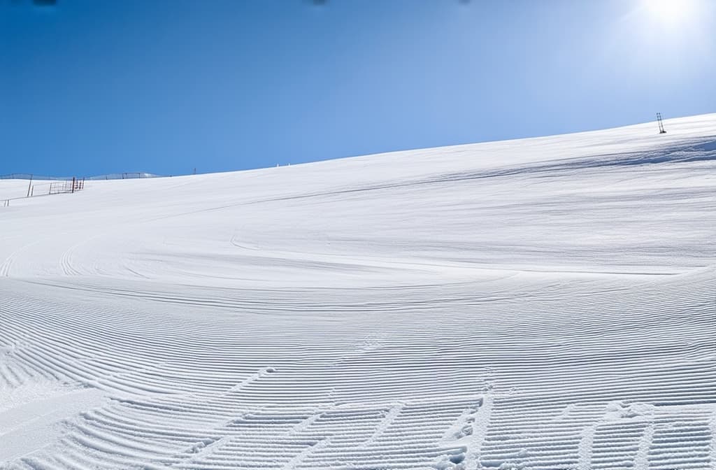  professional detailed photography, freshly groomed ski slope with precise lines in the snow, under a clear winter sky. ar 3:2, (muted colors, dim colors, soothing tones), (vsco:0.3)