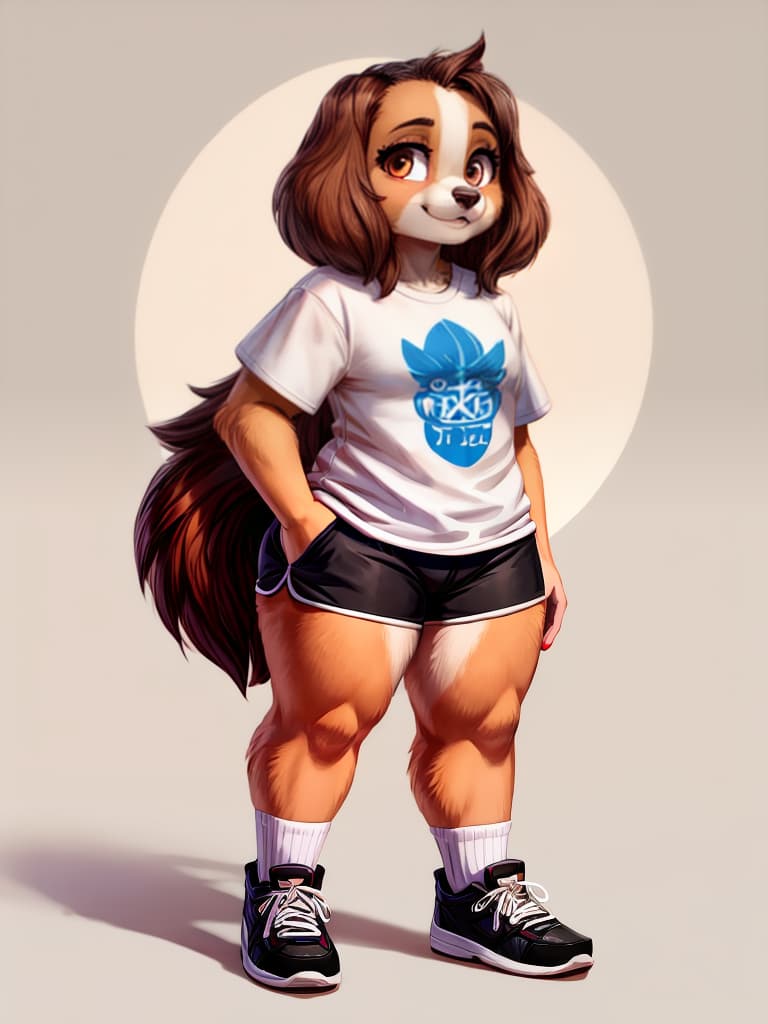  swf anthropomorphic english cocker spaniel female curvy, standing in shorts and oversized tshirt no background