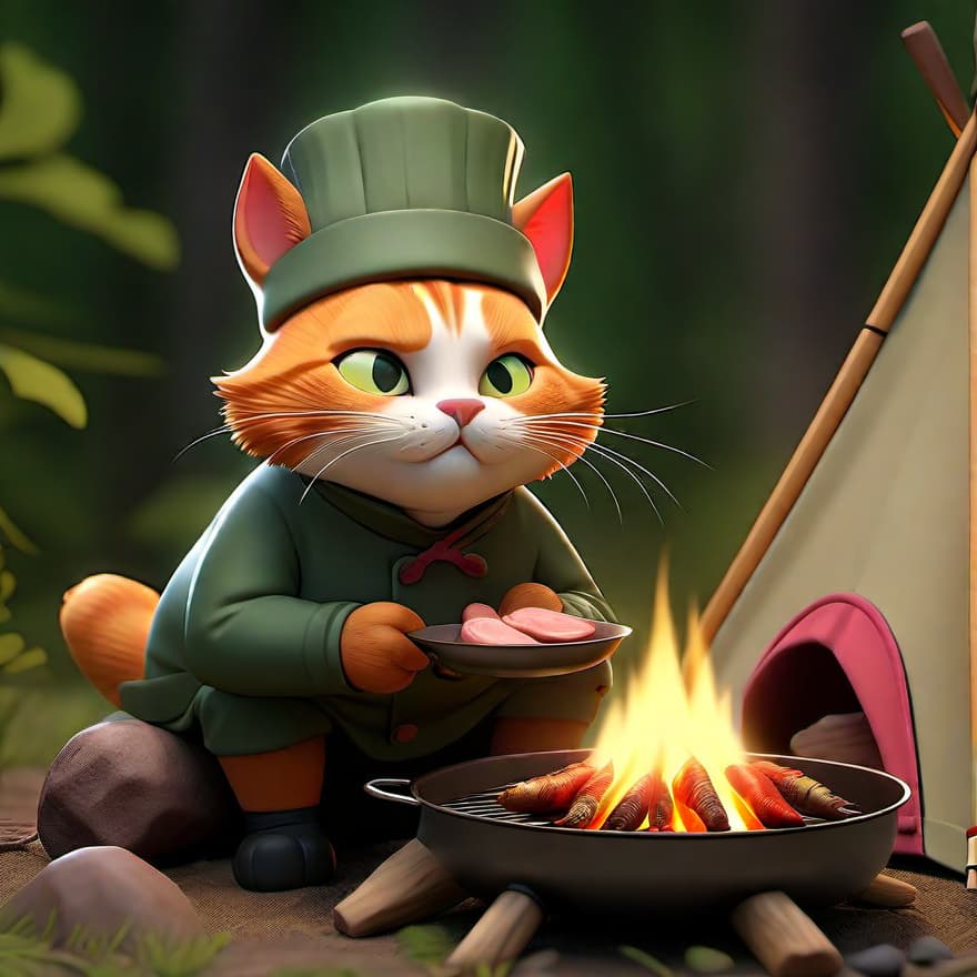  a realistic scene of a chef cat camping in the wilderness, grilling a fish over a campfire. the cat, wearing a traditional chef's hat and apron, stands next to a neatly arranged campsite with a small tent, a backpack, and camping gear scattered around. the campfire emits a warm, flickering glow, illuminating the cat's fur and the fish skewered above the flames. the surrounding forest is lush and green, with tall trees and a clear, starry night sky visible above. the cat's eyes are wide open, intently staring at the fish as it cooks. the scene captures the essence of outdoor adventure and culinary skill, with intricate details and a lifelike atmosphere. high definition, hyper detailed, realistic, outdoor camping, warm campfire lighting, intr