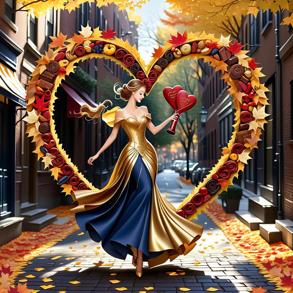  luxury product style on a carpet of yellow leaves in a simple dress of wind given crepe autumn danced a waltz boston in an alleyway. the warm day flew away and the saxophone sang hoarsely. (background of the card): falling autumn leaves, a whirlwind of autumn leaves, wind saxophone, ((a box of chocolates, the inscription "autumn waltz")) , a greeting card. (heart), a beautiful figure made of contours in the shape of a heart. (heart colour): night sky background, stars, gold pattern. (style):fantasy, autumn art, autumn romance. (colours):gold, green gold, navy blue, red, red gold, brown gold, silver, golden blue, bluish blue, dark blue on gold . elegant, sophisticated, high end, luxurious, professional, highly detailed