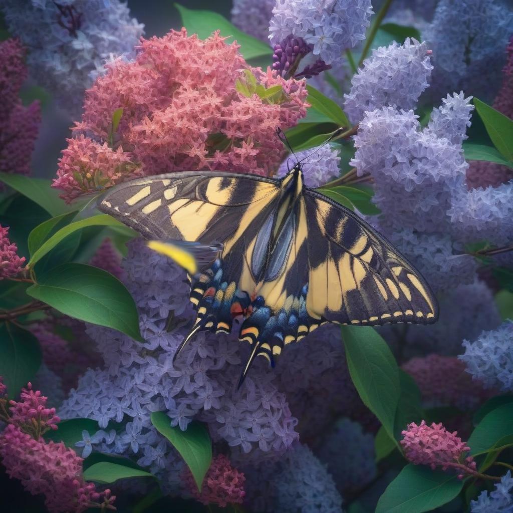  Beautiful swallowtail butterfly on lilac hyperrealistic, full body, detailed clothing, highly detailed, cinematic lighting, stunningly beautiful, intricate, sharp focus, f/1. 8, 85mm, (centered image composition), (professionally color graded), ((bright soft diffused light)), volumetric fog, trending on instagram, trending on tumblr, HDR 4K, 8K