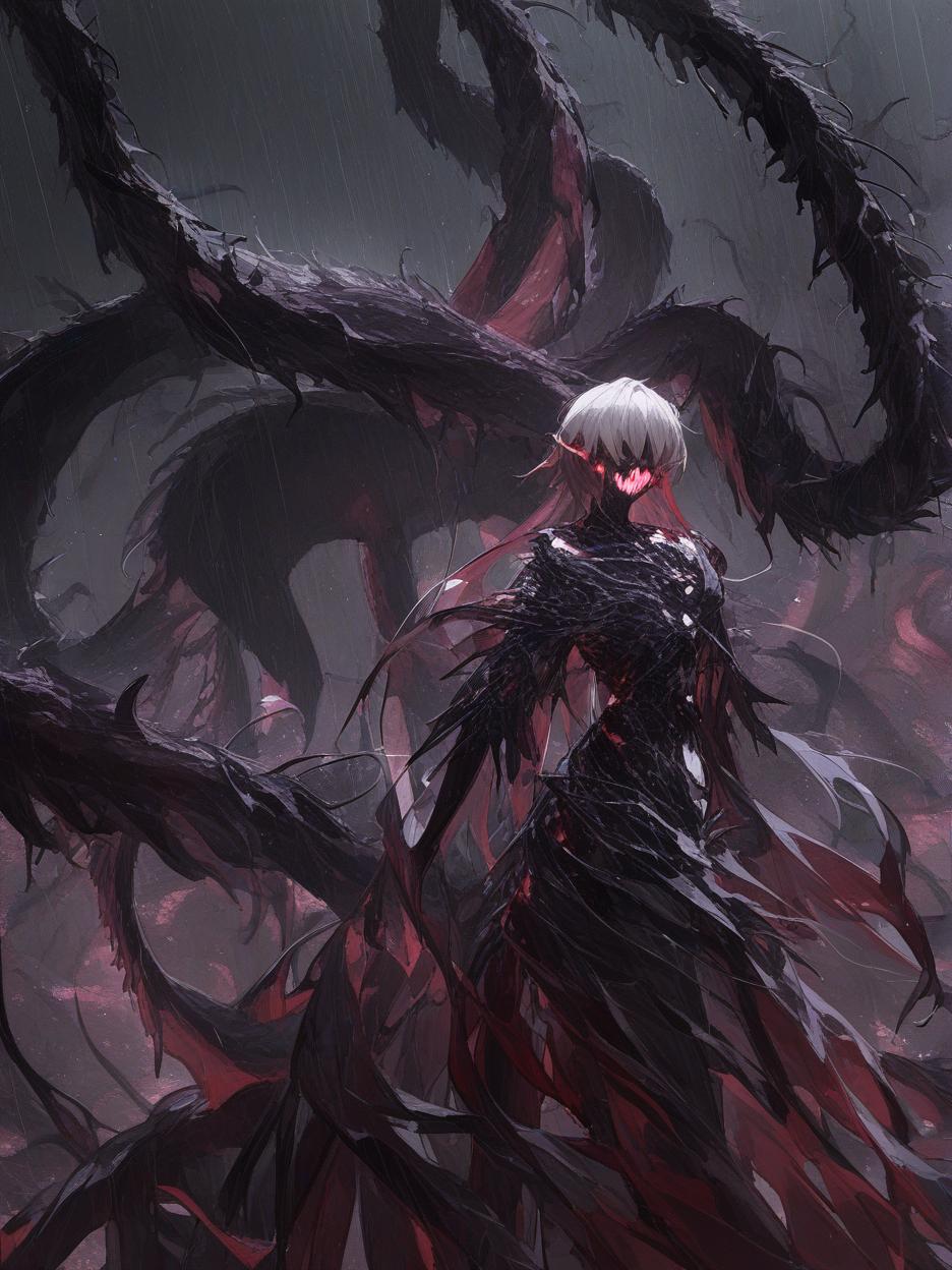  an anime photo of a sorceress wearing a mixture of matte black metal with armor of iridescent synthetic cloths. the woman transformed into a creature, merging with her armor, creating a terrifying smile, full of teeth, no eyes, with several red rune marks on her black body, tentacles on her back, and a monstrous body full of dangers. this creature is in a black forest with a rain and red thunder in the background . best quality, high resolution