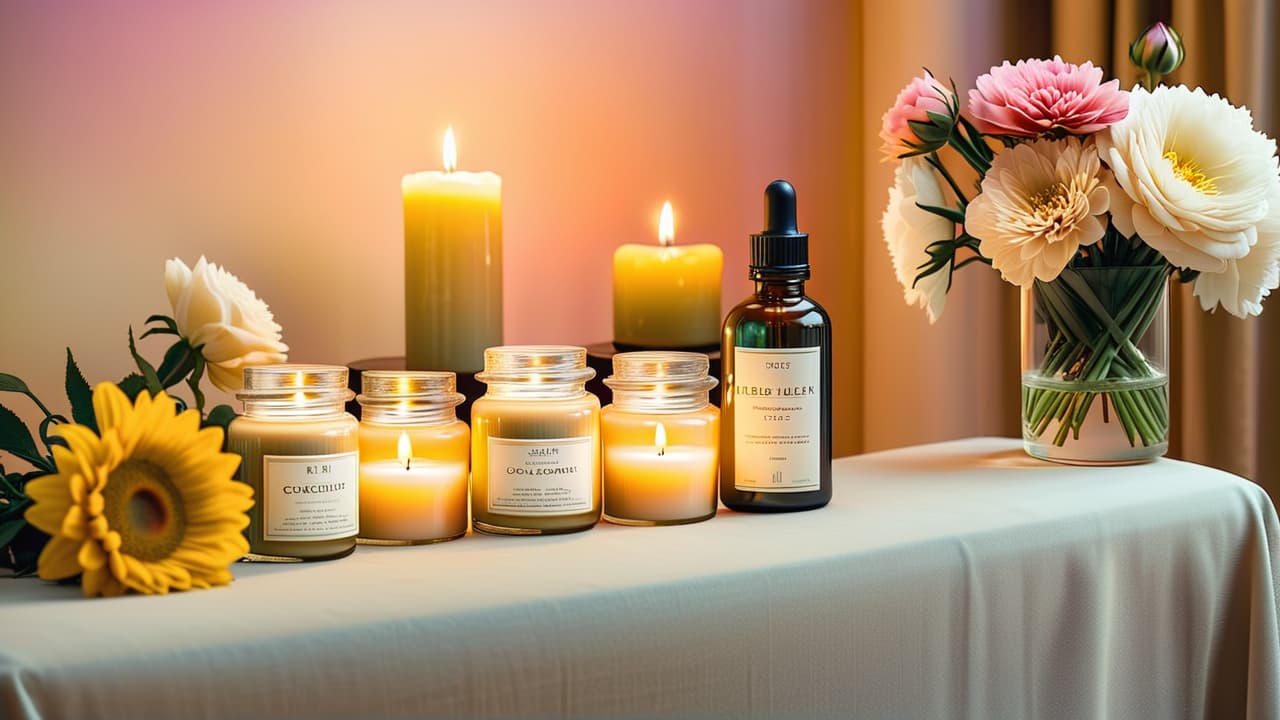  a serene spa setting with elegant glass jars of luxurious creams and serums, surrounded by fresh flowers and soft candlelight, reflecting opulence and tranquility, with a backdrop of plush fabrics and a serene color palette. hyperrealistic, full body, detailed clothing, highly detailed, cinematic lighting, stunningly beautiful, intricate, sharp focus, f/1. 8, 85mm, (centered image composition), (professionally color graded), ((bright soft diffused light)), volumetric fog, trending on instagram, trending on tumblr, HDR 4K, 8K