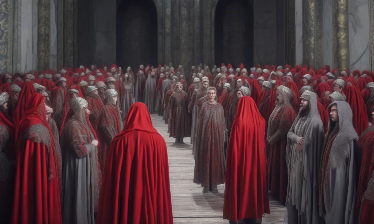  mlad's opera, after the apocalypse, many people in slavic robes in red and gray tones