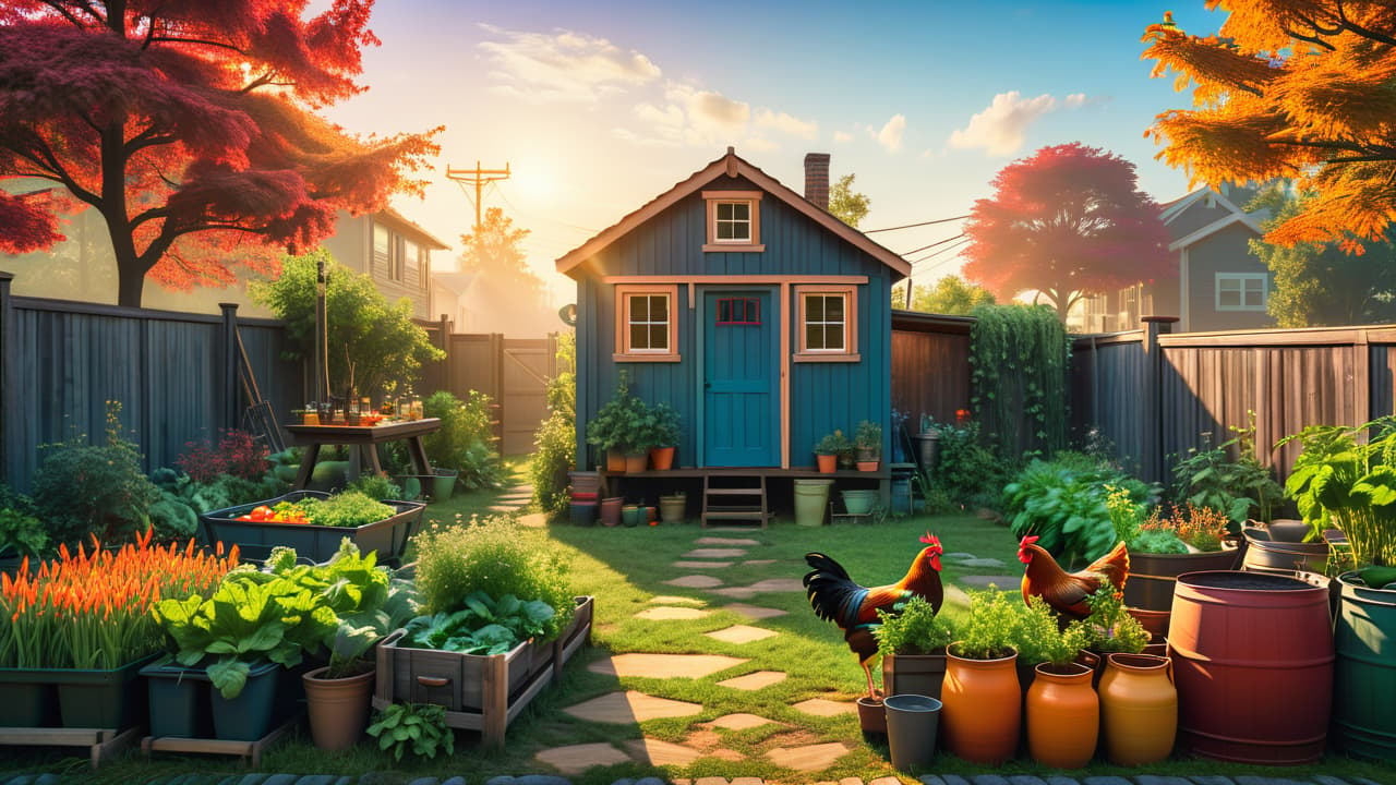  a vibrant urban garden with diverse vegetables and herbs, a cozy tiny house, chickens pecking in a fenced yard, and rainwater collection barrels under a bright blue texas sky. hyperrealistic, full body, detailed clothing, highly detailed, cinematic lighting, stunningly beautiful, intricate, sharp focus, f/1. 8, 85mm, (centered image composition), (professionally color graded), ((bright soft diffused light)), volumetric fog, trending on instagram, trending on tumblr, HDR 4K, 8K